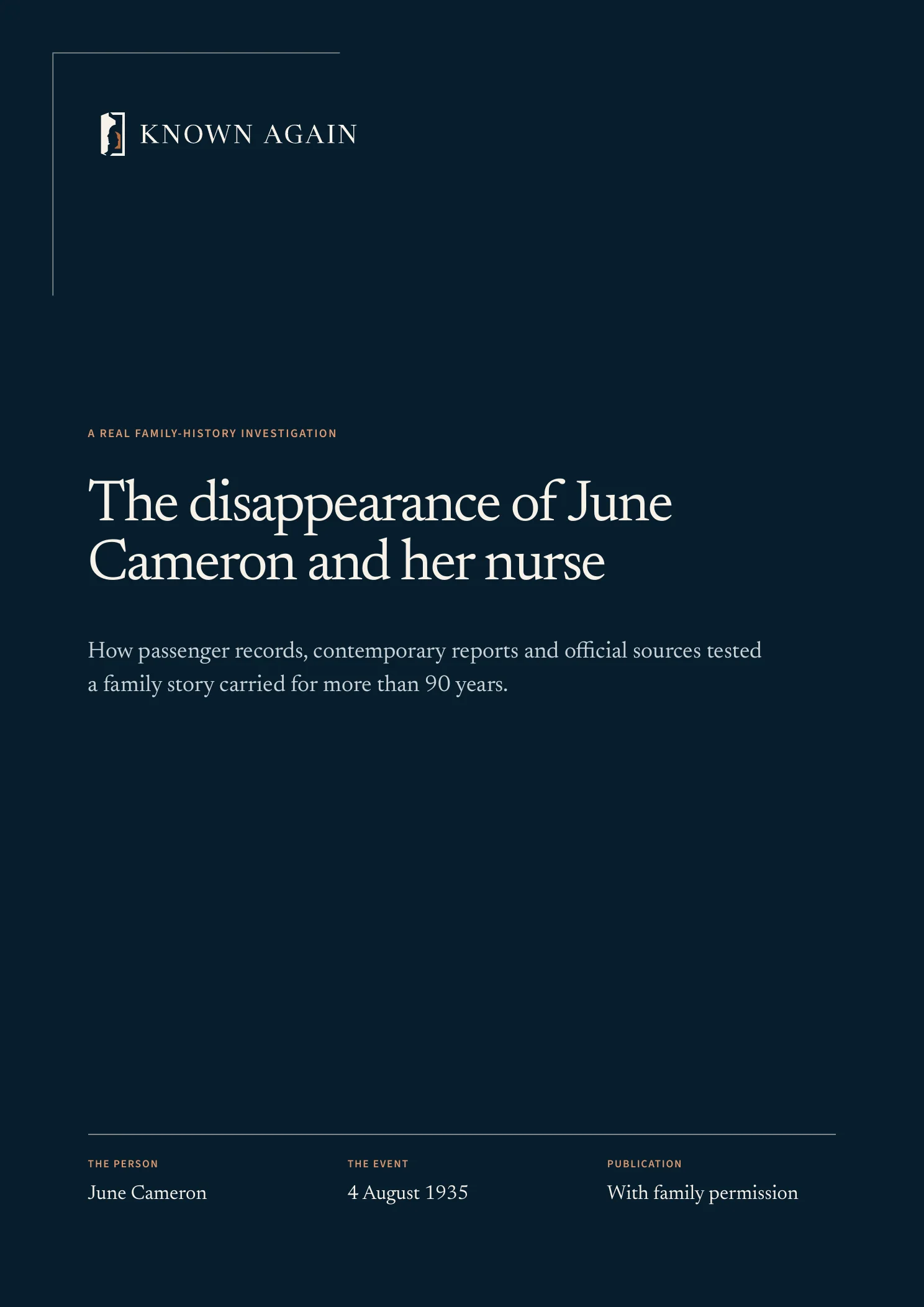 Cover of the Known Again public investigation into the disappearance of June Cameron and her nurse