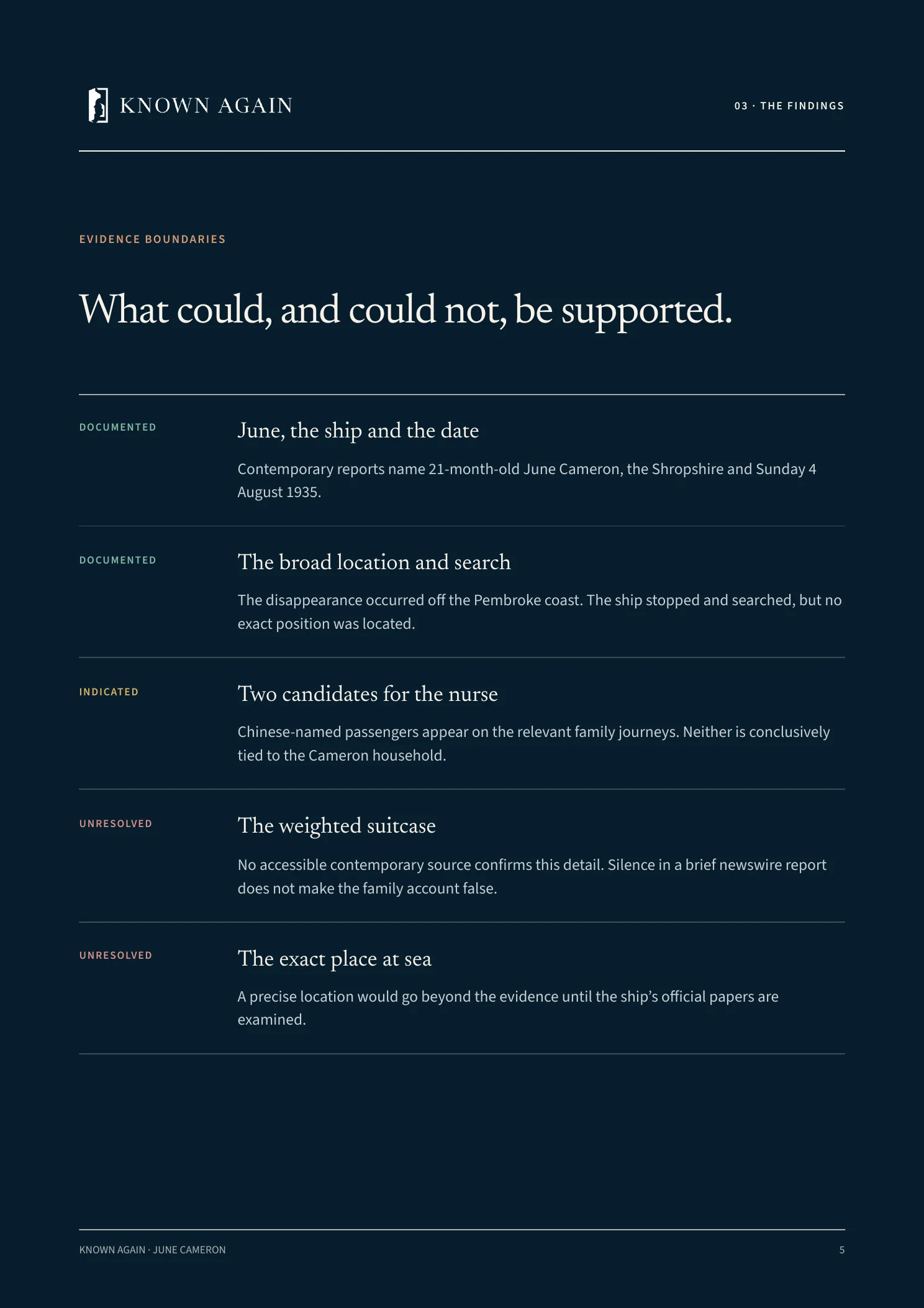 Report findings page separating documented facts, indicated conclusions and unresolved parts of the June Cameron case