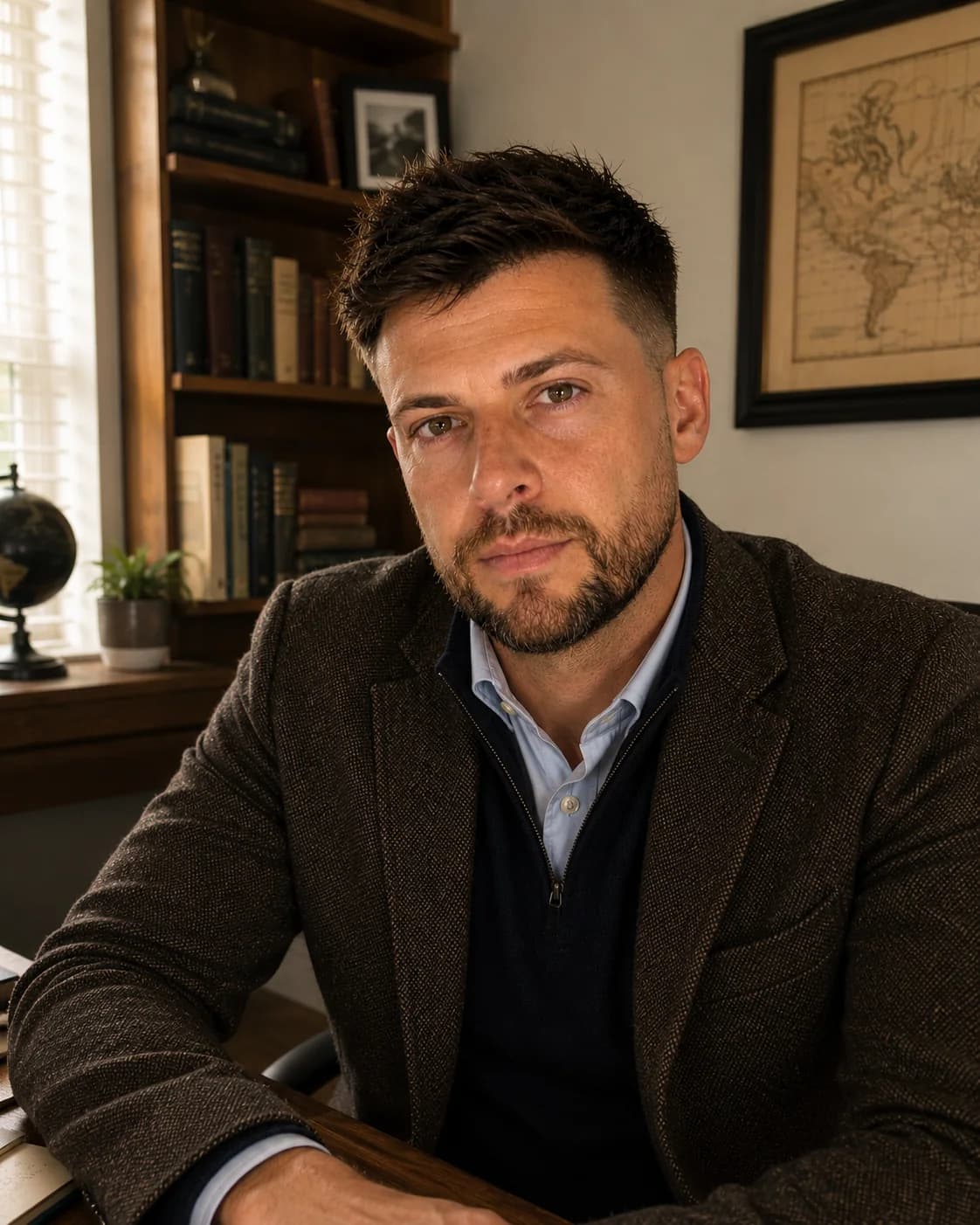 Nick James at a desk with historical books and records